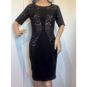Women's Mystic Sz S stretch pull on lace panel Dress, Black nude lining GUC